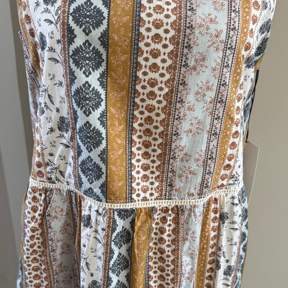 Lucky Brand Cream, Tan & Blue Tiered Midi Dress with Straps - Picture 7 of 7